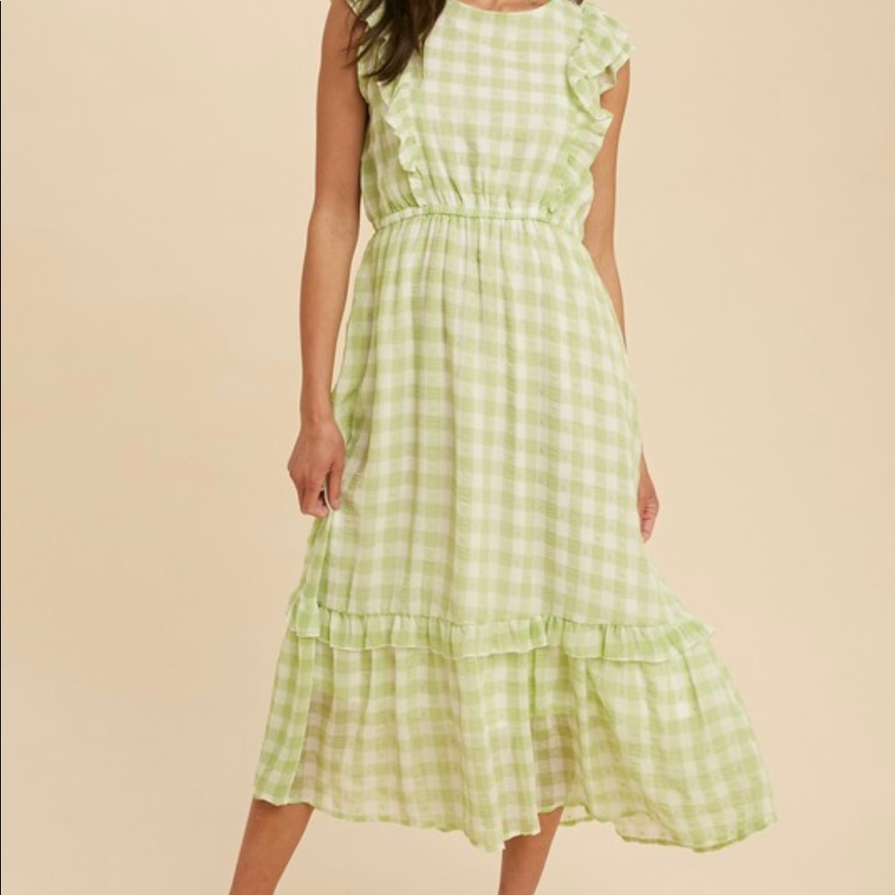 Green gingham midi dress